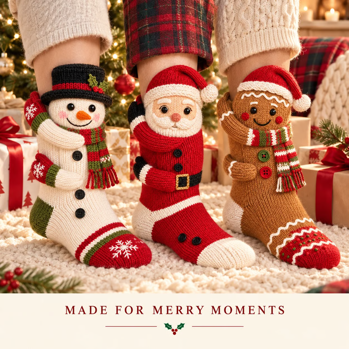 🎄 3D Hugging Christmas Character Socks – Cozy Knit Holiday Gift Socks