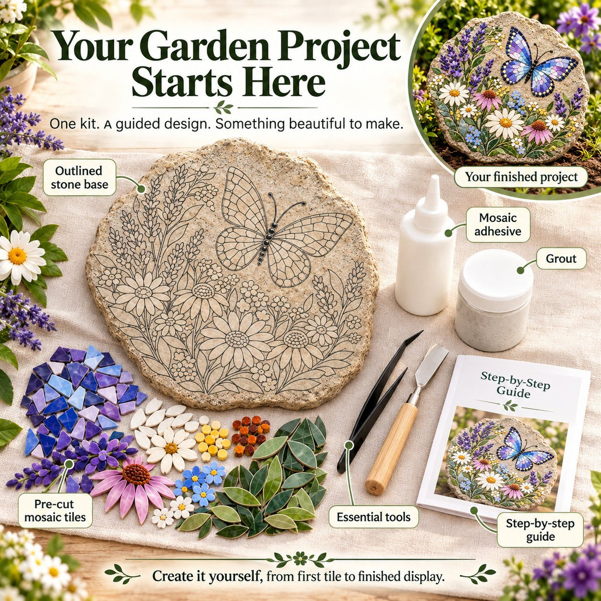 ⏳ Last Day 49% OFF – 🦋 Beginner-Friendly Butterfly Wildflower Mosaic DIY Kit | Complete Kit with Pre-Cut Tiles, Adhesive, Grout, Tools & Guide 🌼