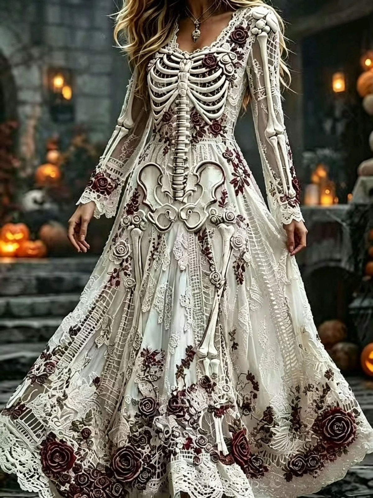🌹 Gothic Skeleton & Rose Maxi Dress – Vintage Halloween Long Sleeve Dress