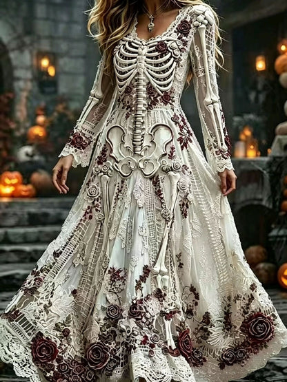 🌹 Gothic Skeleton & Rose Maxi Dress – Vintage Halloween Long Sleeve Dress