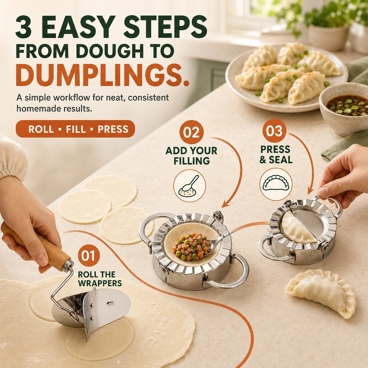 🥟 4‐in‐1 Dumpling Maker Set – Roll, Fill, Press & Seal – Stainless Steel