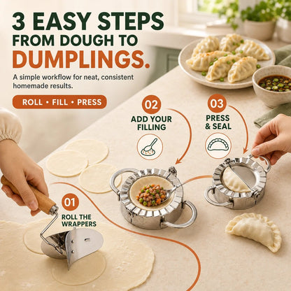 🥟 4‐in‐1 Dumpling Maker Set – Roll, Fill, Press & Seal – Stainless Steel