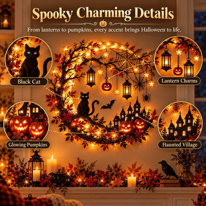 🎃 Enchanting Halloween Crescent Moon Wall Light with Black Cat & LED Lanterns 🐈