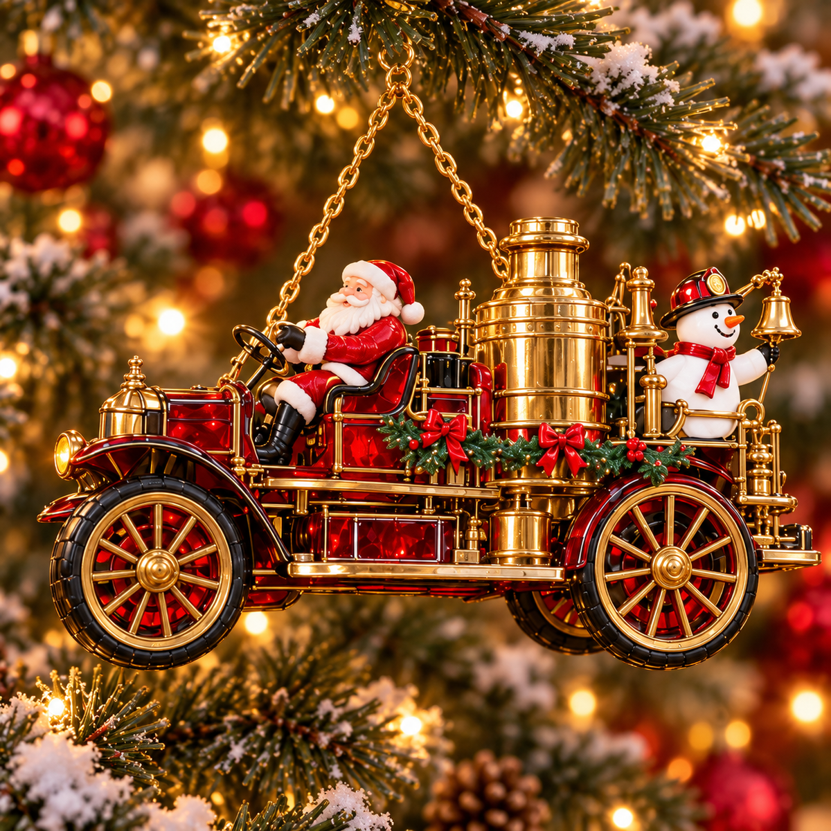🚒🎄2026 Vintage Fire Truck Christmas Ornaments – Set of 6 | Stained-Glass Style with Festive Holiday Scenes & Golden Accents