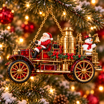 🚒🎄2026 Vintage Fire Truck Christmas Ornaments – Set of 6 | Stained-Glass Style with Festive Holiday Scenes & Golden Accents