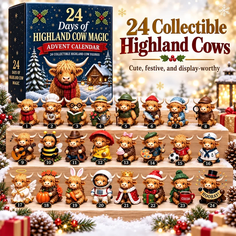 🐮 24-Day Highland Cow Christmas Advent Calendar – Festive Collectibles & Holiday Surprises