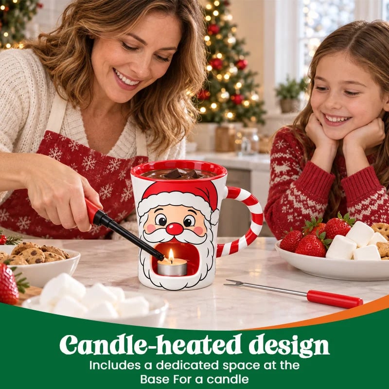 🎅Christmas Chocolate Fondue Mug – Ceramic Candle Warmer Cup with Dipping Fork
