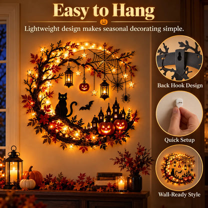 🎃 Enchanting Halloween Crescent Moon Wall Light with Black Cat & LED Lanterns 🐈