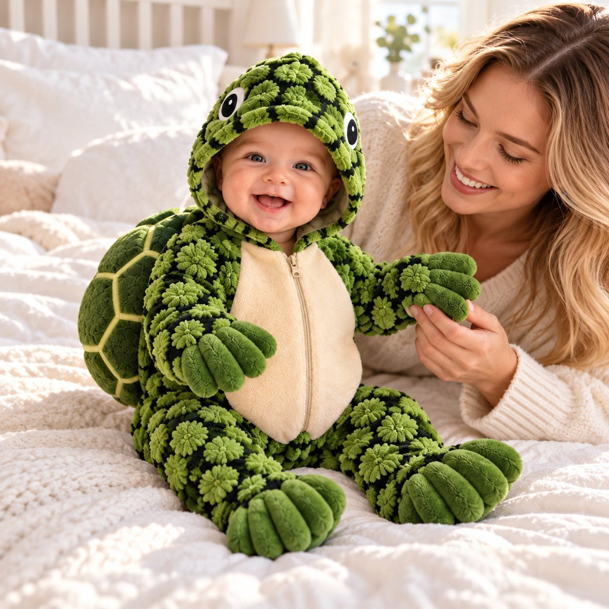 🐢 Little Turtle Plush 3D Shell Baby Onesie – Cute Hooded Cozy Romper