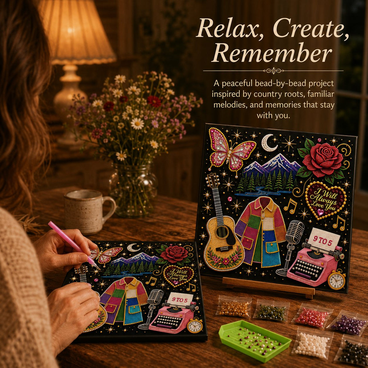 💥 LAST DAY 49% OFF – 🎶 Country Music 3D Pearl Art Kit 💎 – DIY Flocked Canvas Tribute Craft with Resin Pearls