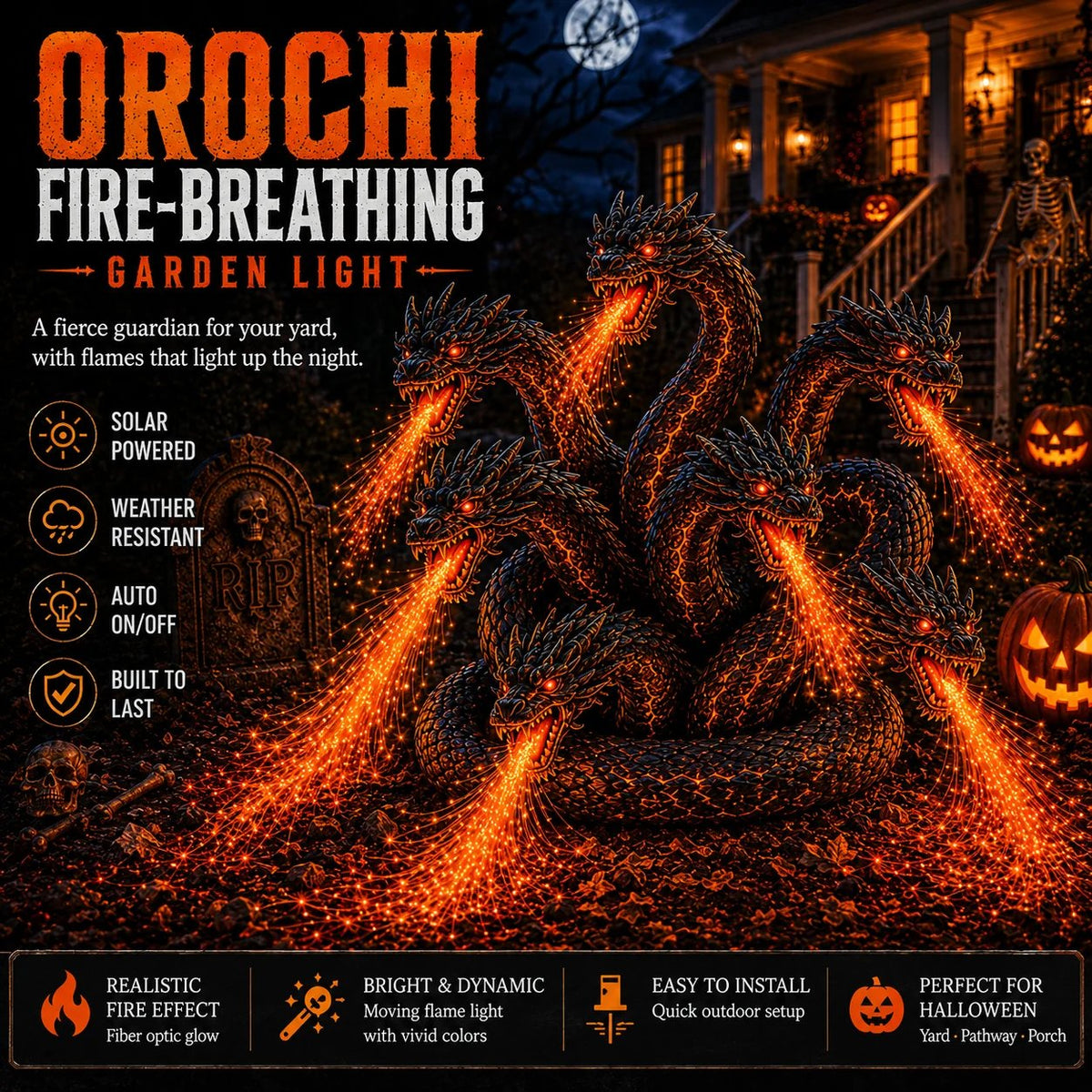 🔥HOT SALE🔥🎃 Fire-Breathing Orochi Solar Garden Light – Epic Multi-Headed Dragon Halloween Decor