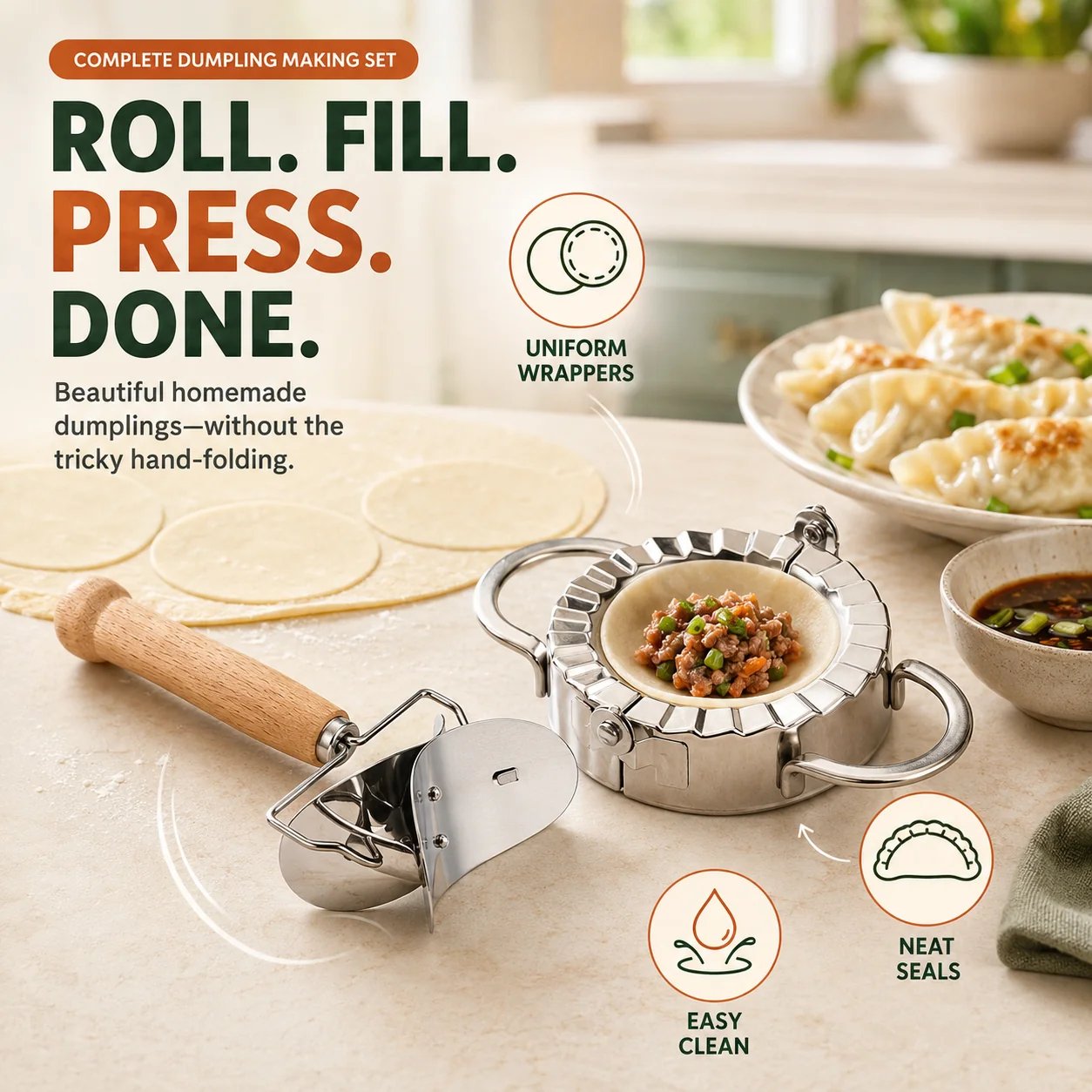 🥟 4‐in‐1 Dumpling Maker Set – Roll, Fill, Press & Seal – Stainless Steel