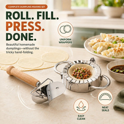 🥟 4‐in‐1 Dumpling Maker Set – Roll, Fill, Press & Seal – Stainless Steel