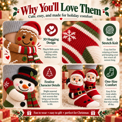 🎄 3D Hugging Christmas Character Socks – Cozy Knit Holiday Gift Socks