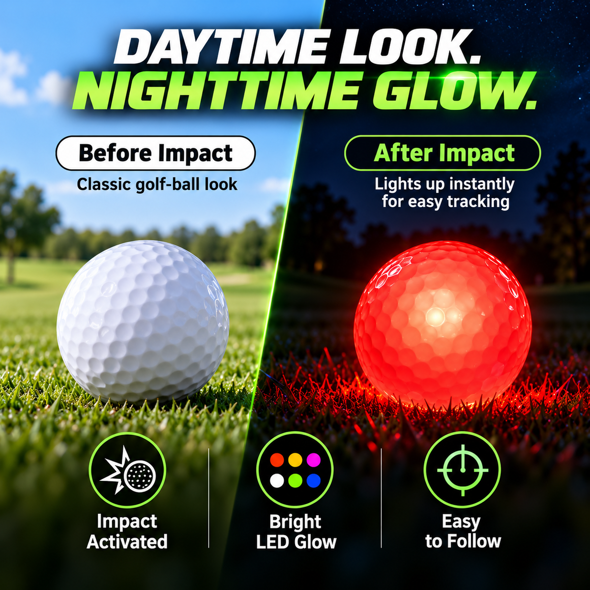🔥Last Day 50% Off⛳ Impact-Activated LED Glow Golf Ball – 6-Color Night Golf Practice Ball