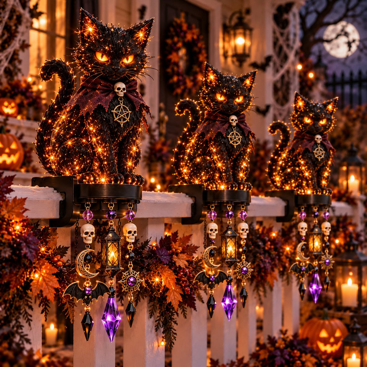 📍🎃 Halloween Character Glow Cascade Railing Lights – Pumpkin, Witch, Ghost & Black Cat