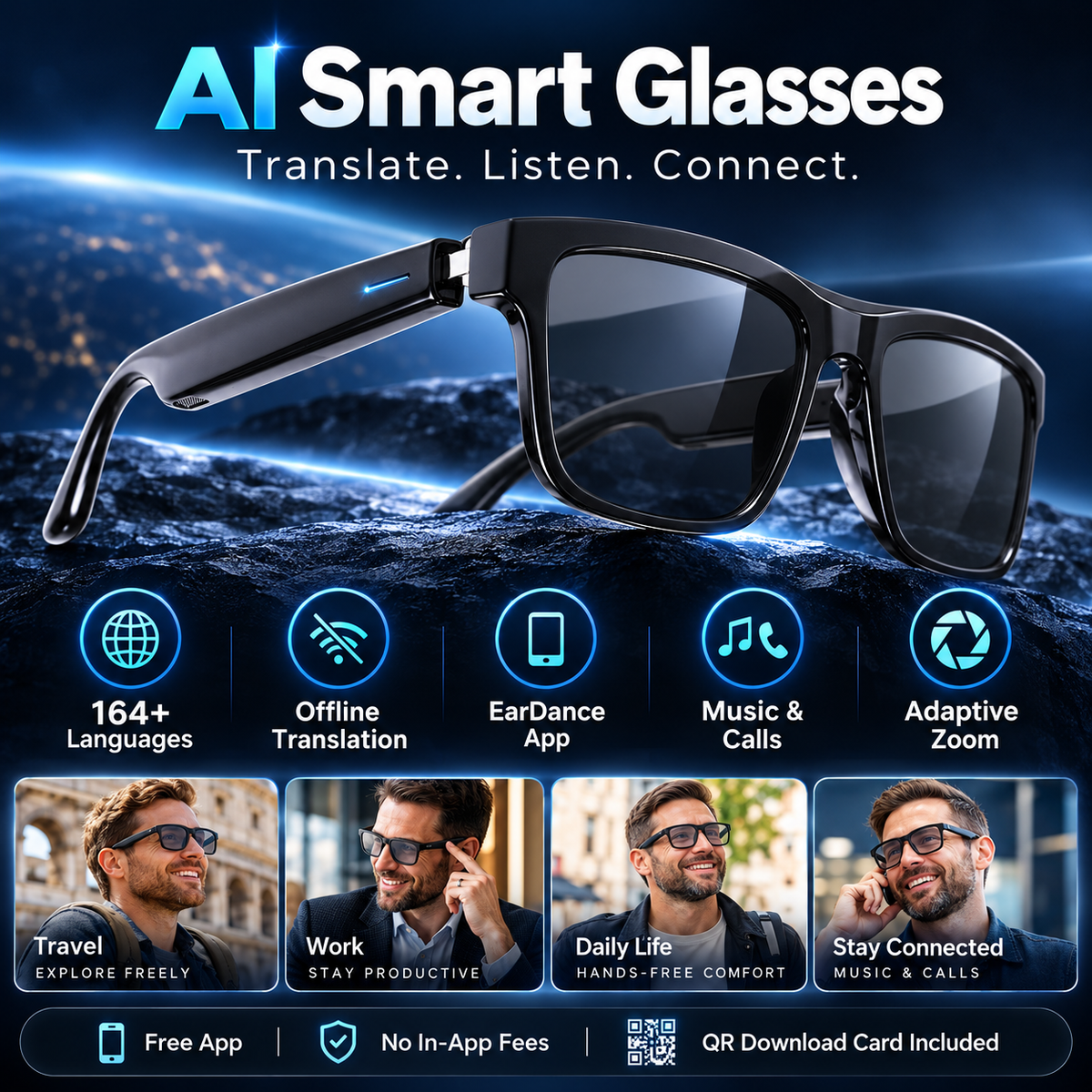 🌍👓 AI Smart Translation Glasses – 164+ Languages, Music, Calls & Everyday Wear