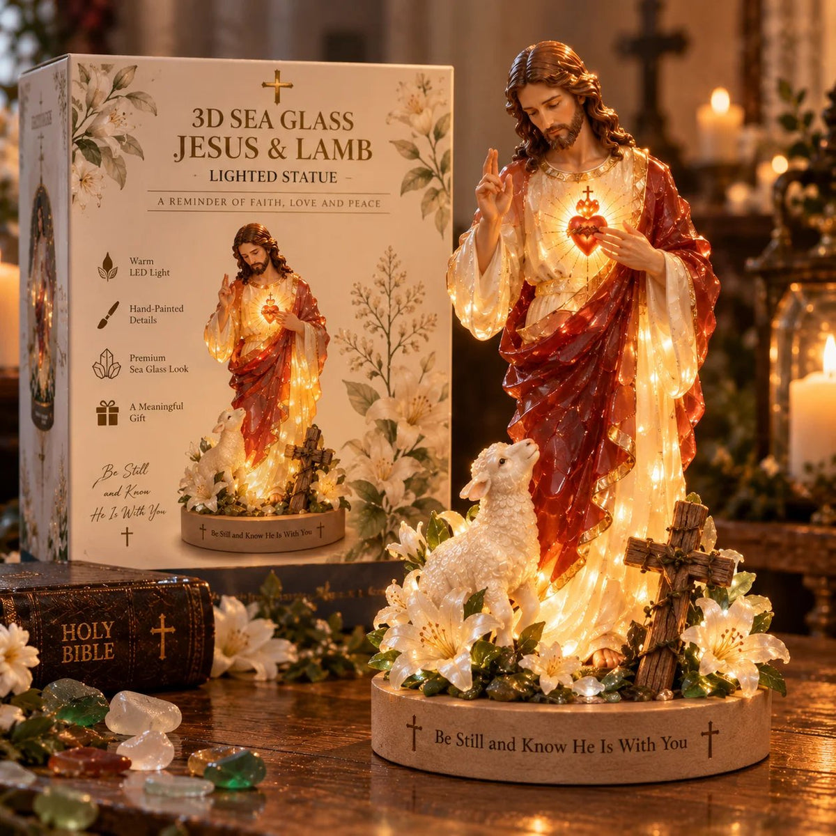 ✝️🔥 50K+ Sold! 👼 Jesus & Lamb Lighted Sea Glass Statue — A Beautiful Symbol of Faith（副本）