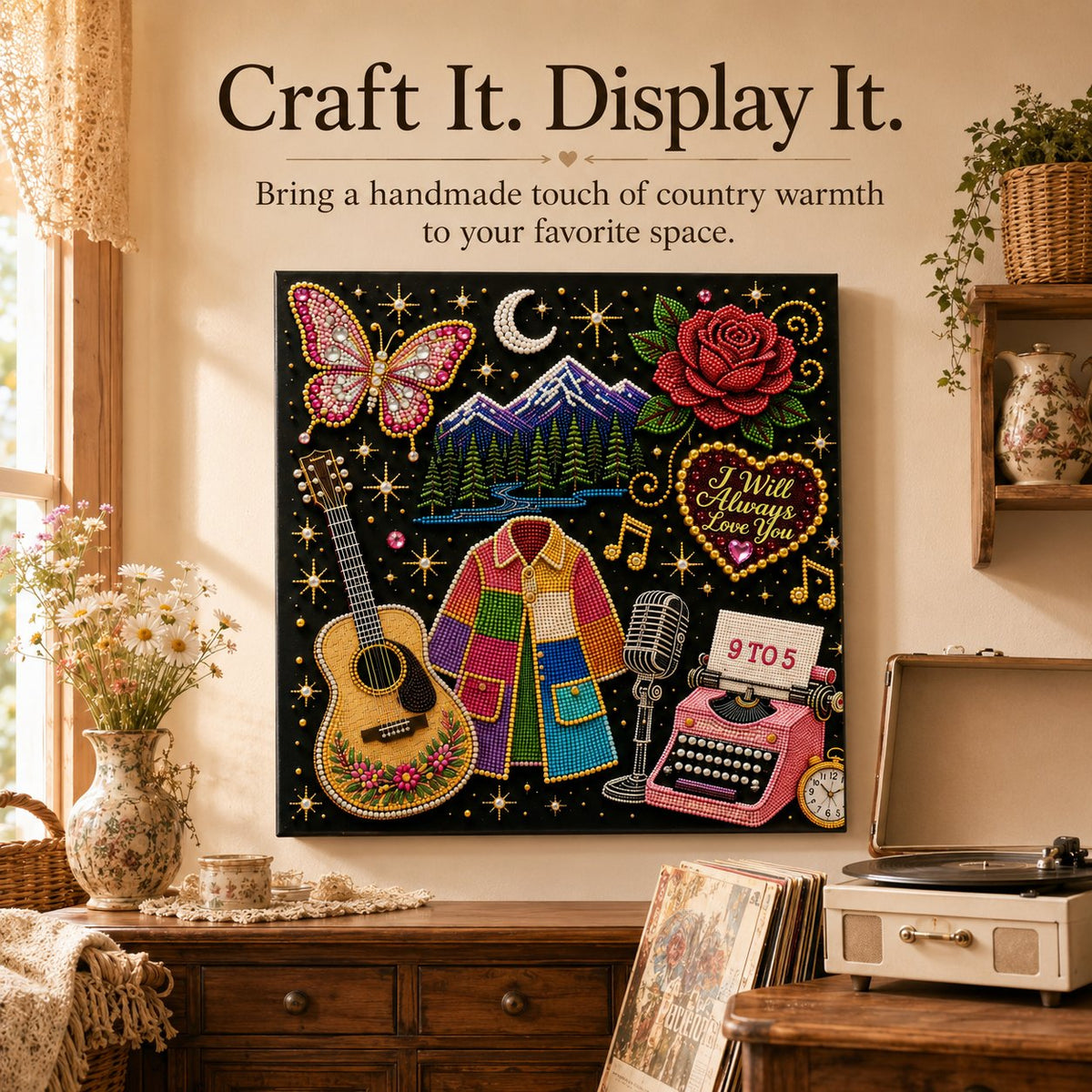 💥 LAST DAY 49% OFF – 🎶 Country Music 3D Pearl Art Kit 💎 – DIY Flocked Canvas Tribute Craft with Resin Pearls