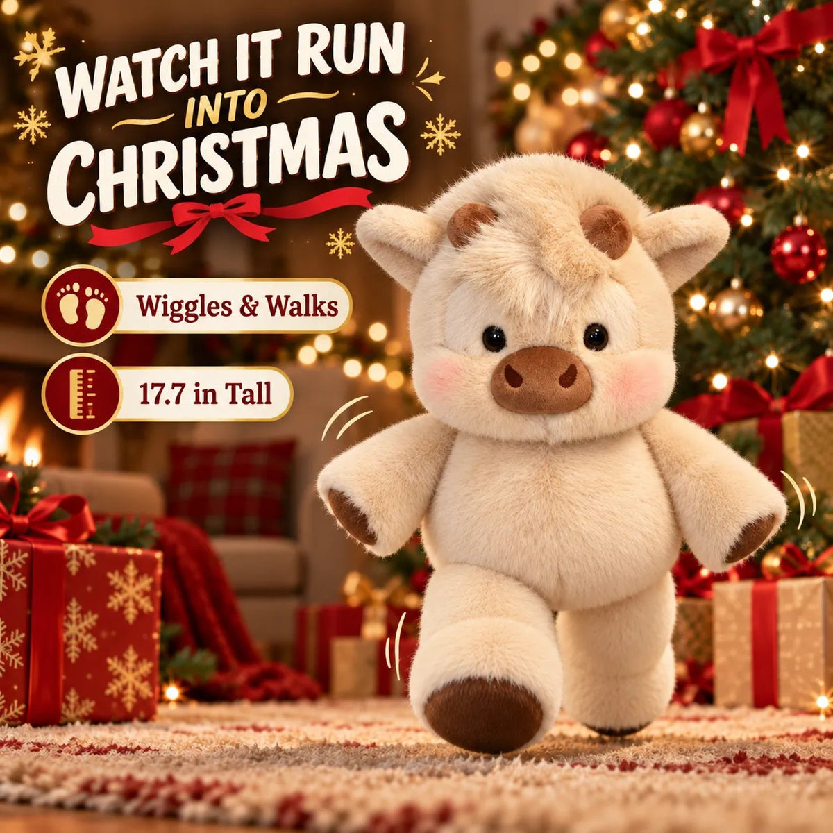 Christmas Running Cow Plush – Wiggles, Walks & Brings Holiday Cheer
