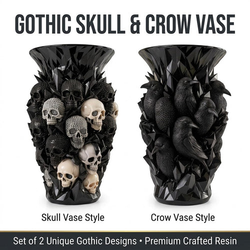 💎💀Gothic Skull & Crow Resin Vase- Halloween Dark Decor Vase