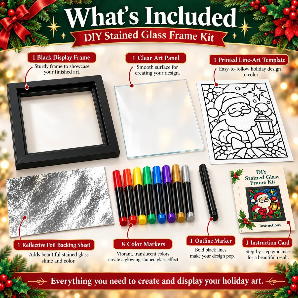 ⏳ Last Day 49% OFF – 🎄Beginner-Friendly Christmas Stained Glass-Style Frame Kit | 8 Festive Designs with Pens, Foil & Frame ✨
