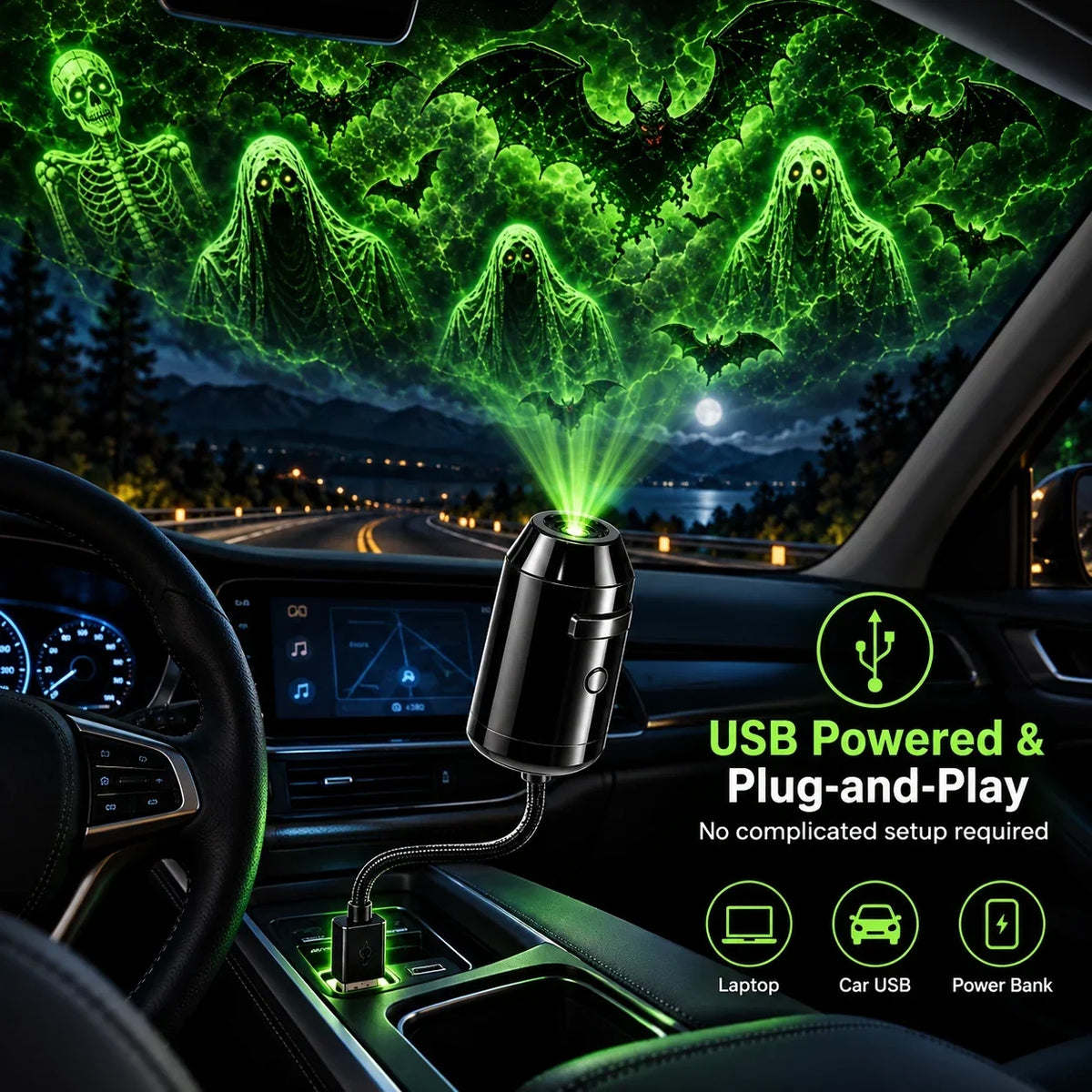 👻🚗Halloween USB Ghost Projector – 6 Spooky Slides & 360° Adjustable Light