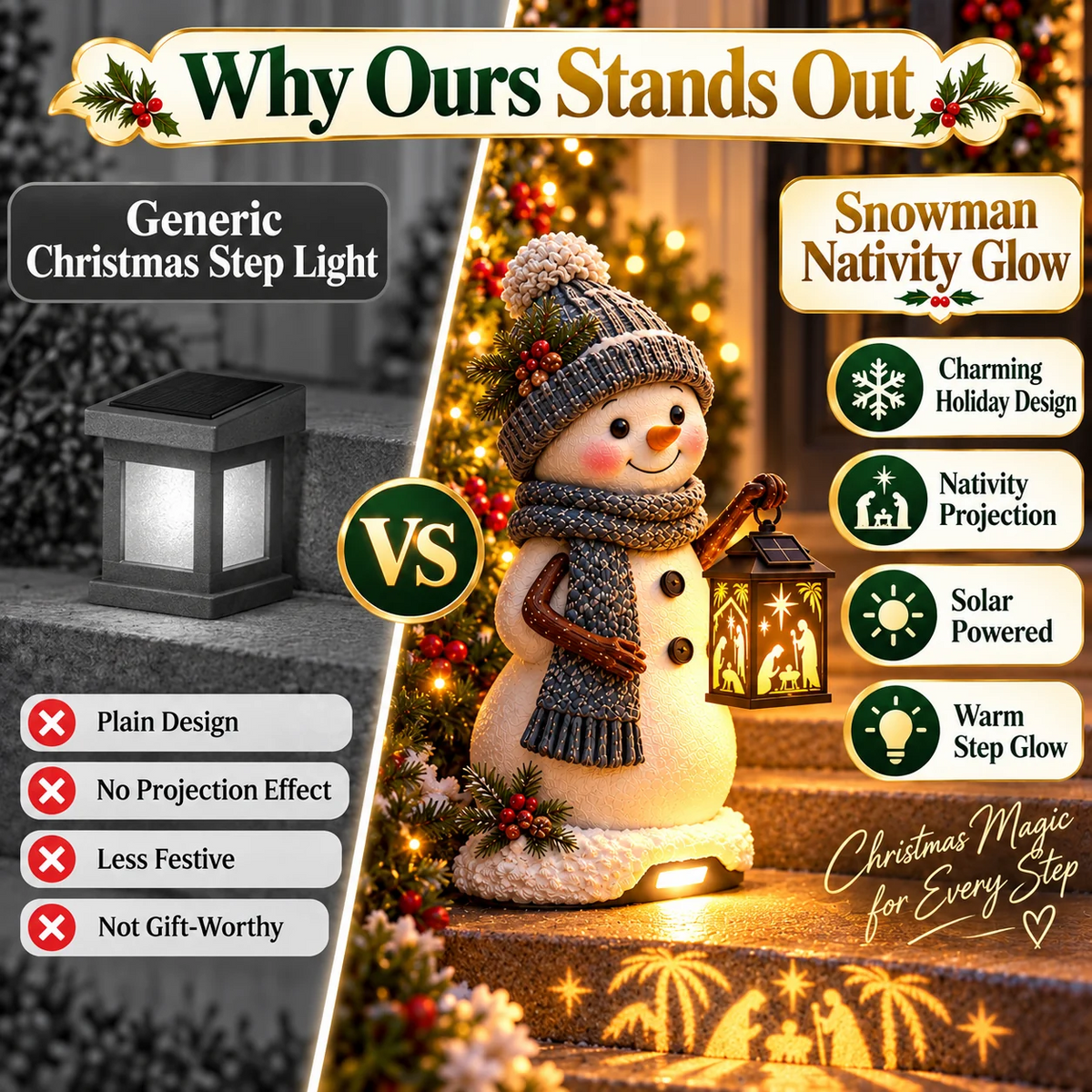 ⛄ Last Day 49% Snowman Nativity Glow™✨ – Solar Christmas Step Light with Holy Family Projection🎄