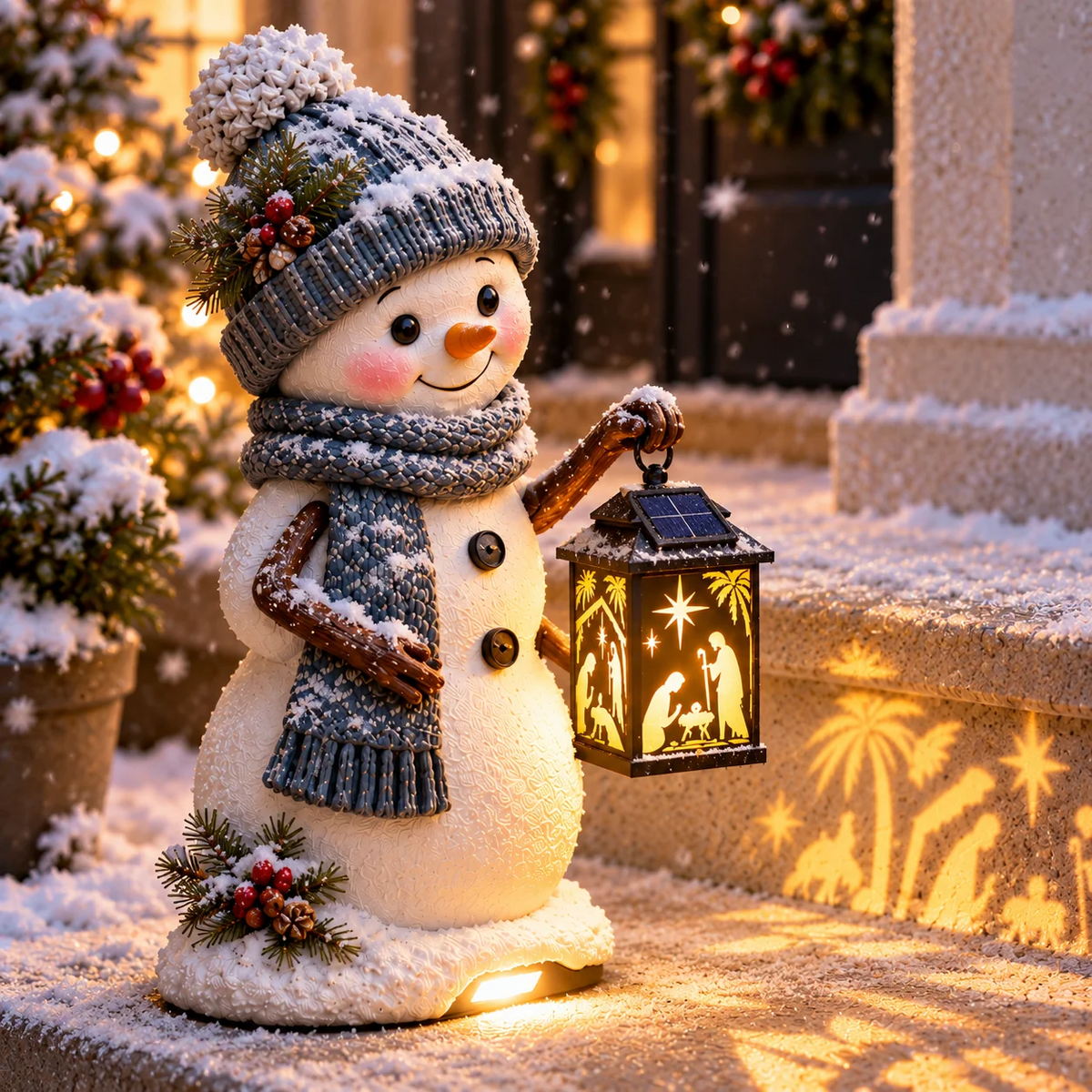⛄ Last Day 49% Snowman Nativity Glow™✨ – Solar Christmas Step Light with Holy Family Projection🎄