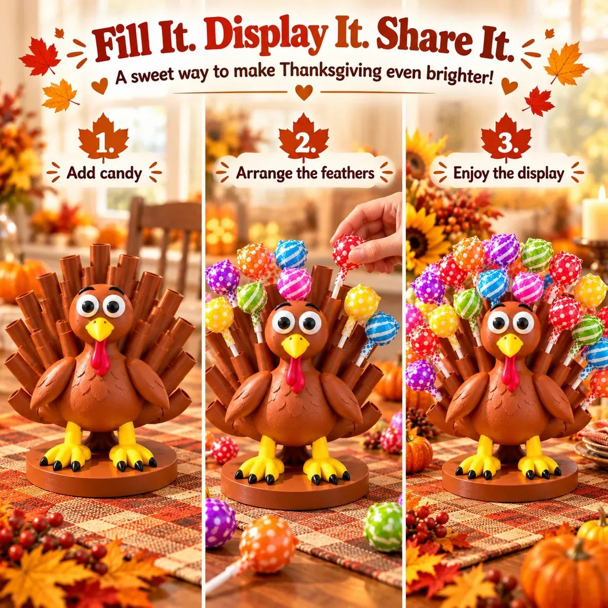 🦃🍭 Adorable Thanksgiving Turkey Lollipop Holder – Festive Candy Display, Holiday Table Decor & Party Favor 🎁