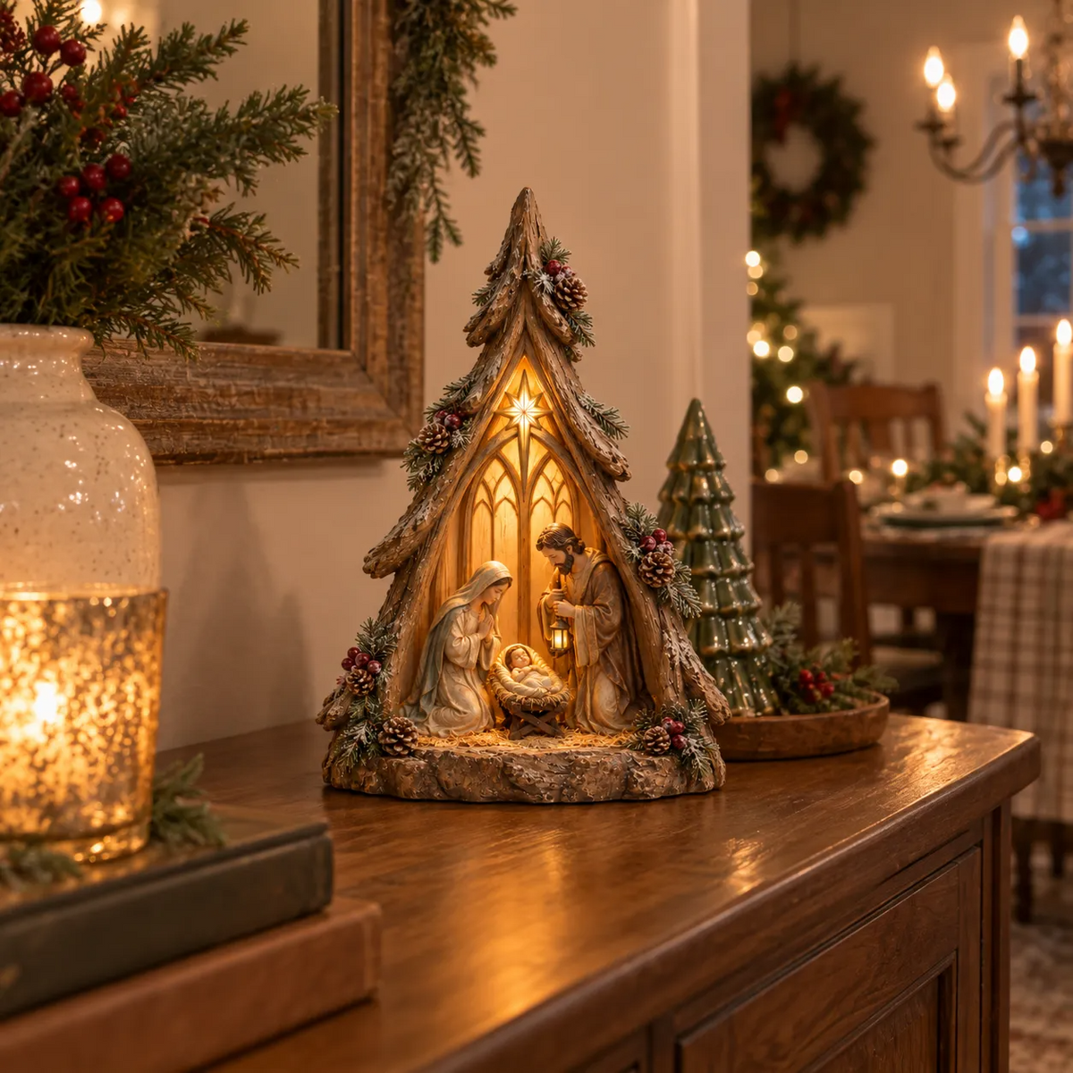 Old-World Lighted Nativity Trees