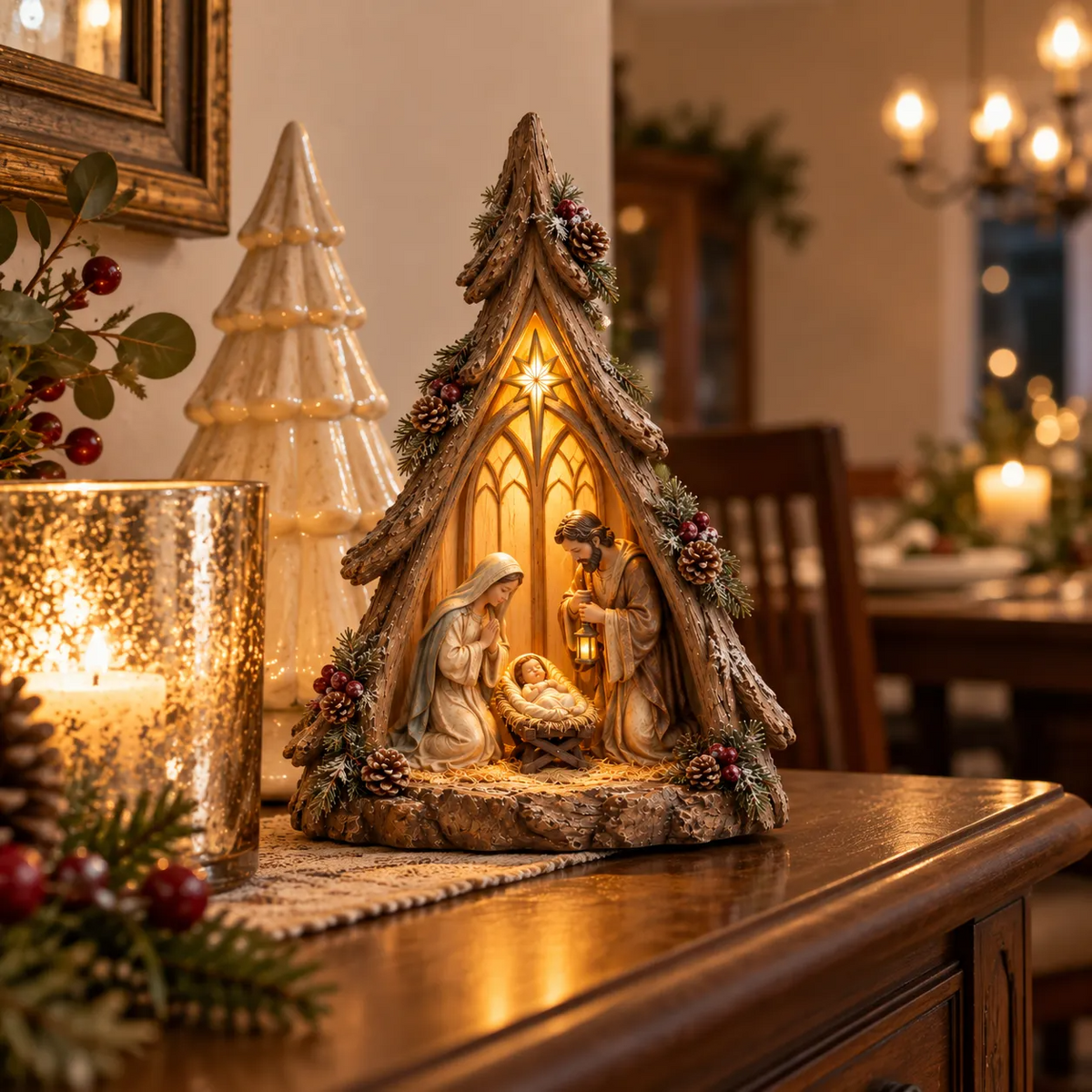 Old-World Lighted Nativity Trees