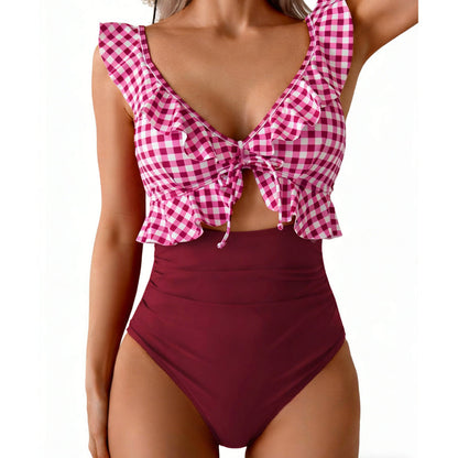 🏖️Summer Hot Sale 🌊 Aqua Eve Women’s Tummy-Control One-Piece Swimsuit💃Flattering V-Neck🩱Ruched Slimming Design🌸Elegant Ruffle & Chic Cut-Out 💕