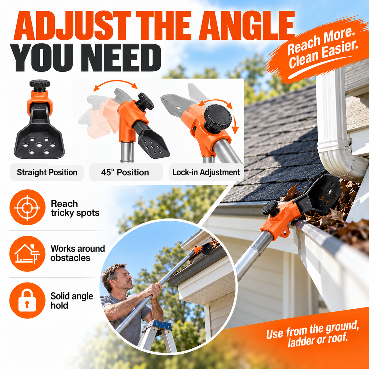 🍂 Adjustable Gutter Cleaning Clamp with Removable Scoop | Extension Pole Attachment