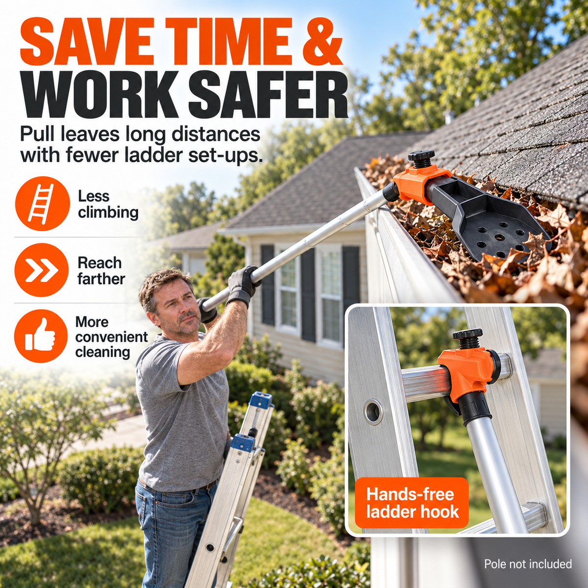 🍂 Adjustable Gutter Cleaning Clamp with Removable Scoop | Extension Pole Attachment