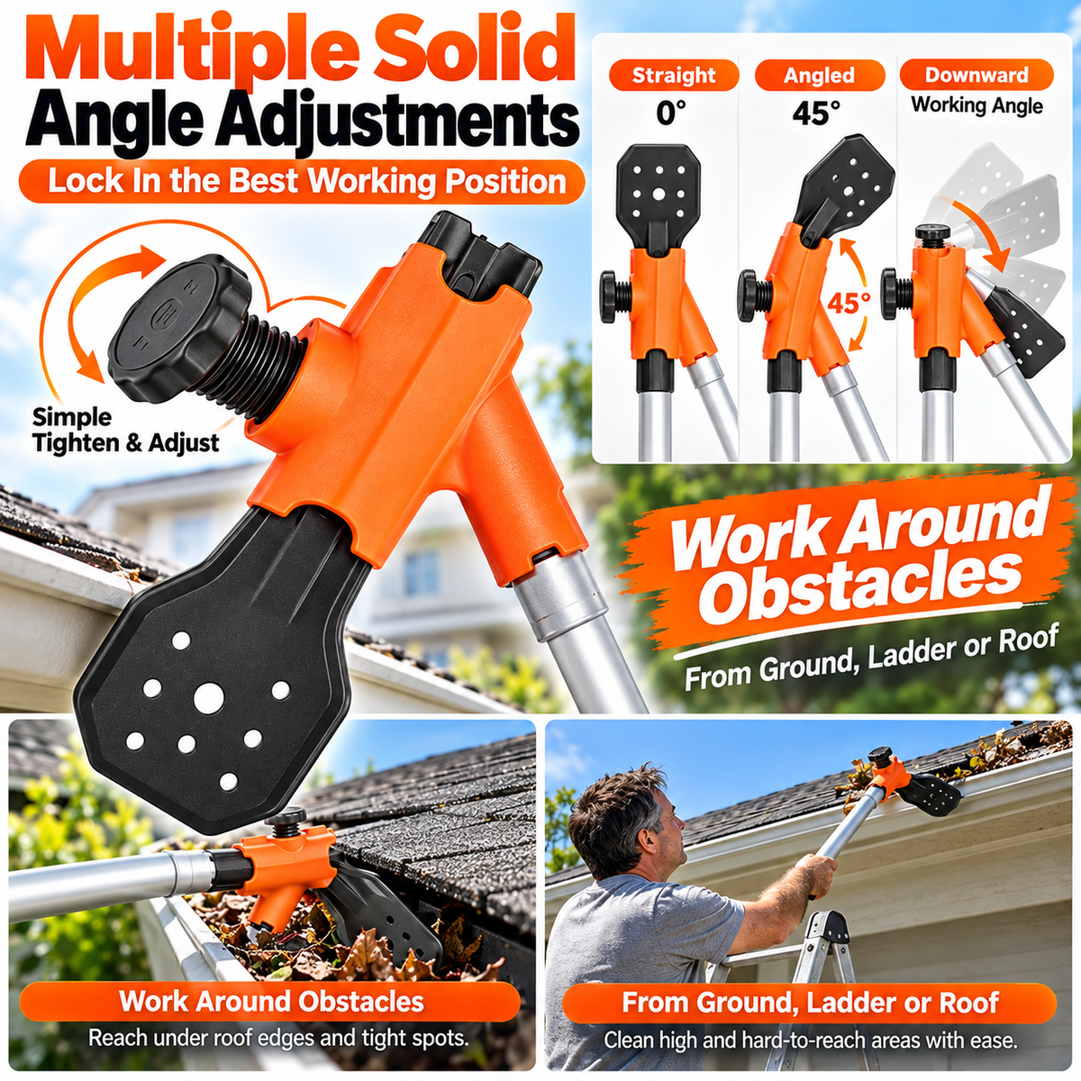 🍂 Adjustable Gutter Cleaning Clamp with Removable Scoop | Extension Pole Attachment