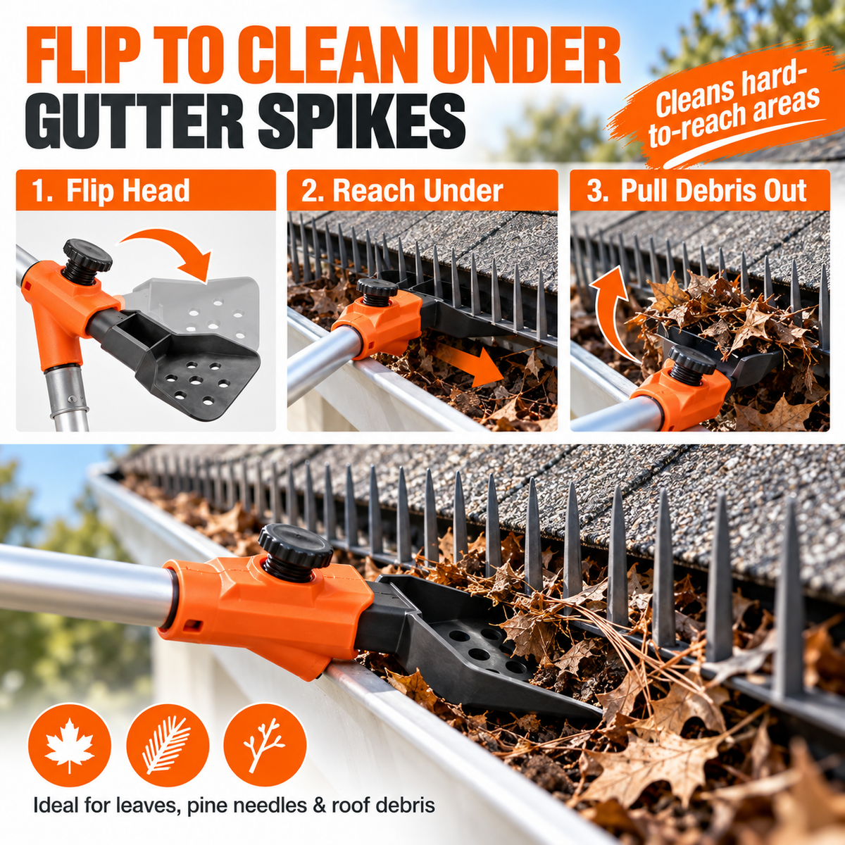 🍂 Adjustable Gutter Cleaning Clamp with Removable Scoop | Extension Pole Attachment