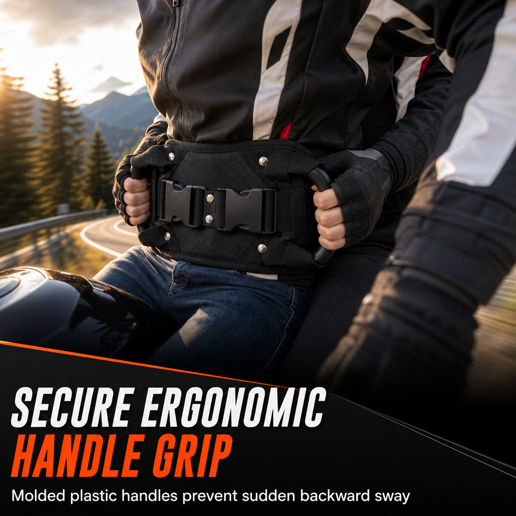 🏍️ Passenger Grip Belt: High-Tensile Nylon, Ergonomic Handle, Adjustable Waist Strap, for Motorcycle