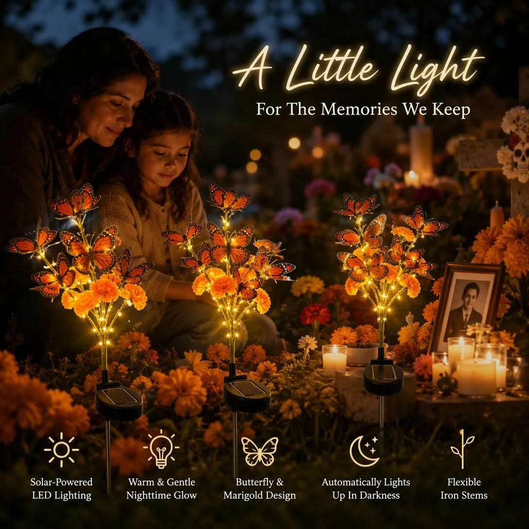 💀🕯️ Solar Marigold Butterfly Memorial Garden Lights – Heartfelt Outdoor Tribute Decor