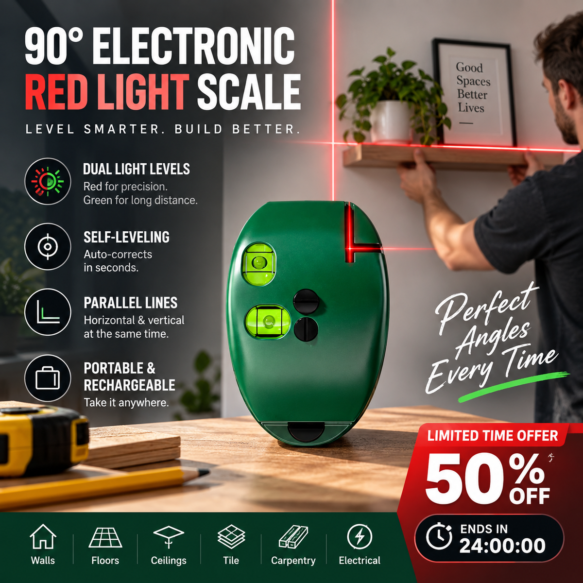 📐90° Right‑Angle Laser Level Square | Infrared Line Marker for Tiling & DIY Projects🔧
